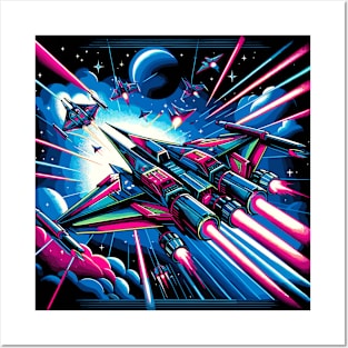 Neon Space Conflict: 80s Galactic Battle Posters and Art